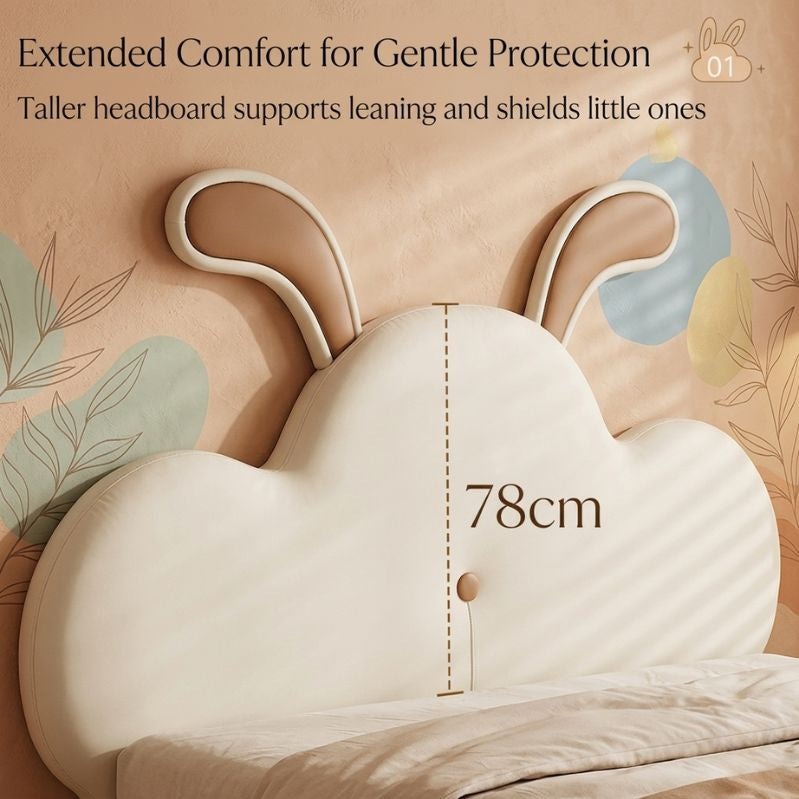 Baby headboard with cloud design and text about extended comfort and protection.
