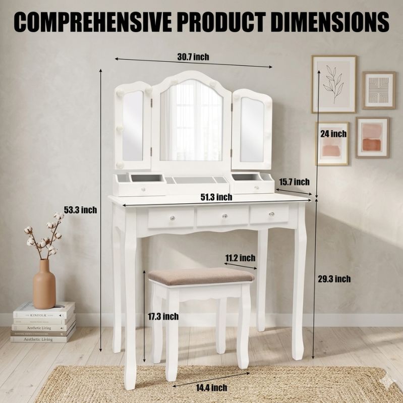 White vanity table with mirror and bench, shown with dimensions on a neutral background.