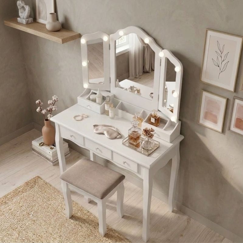 White vanity table with illuminated mirror in a room setting - In aesthetic vibe