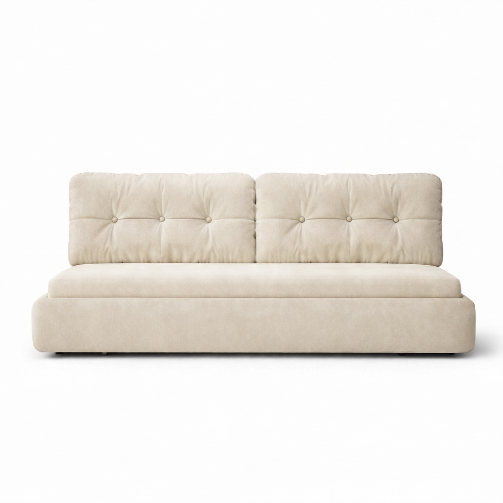 Beige sofa on a white background Sleeper Sofa, Pull out coach, Futon couch, Corner sofa bed. 