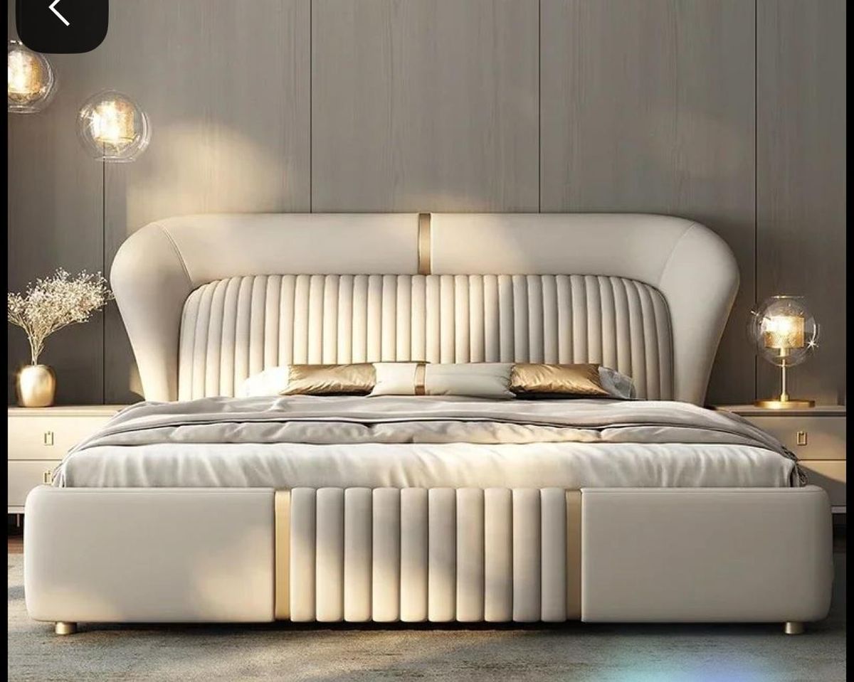 Modern bedroom with a stylish bed and decorative elements. Luxurious bedframe design, Italian style bedframe, Wingback bedframe design, Upholstered bedframe, Bedroom furniture, wood furniture, minimalist bedframe design. 