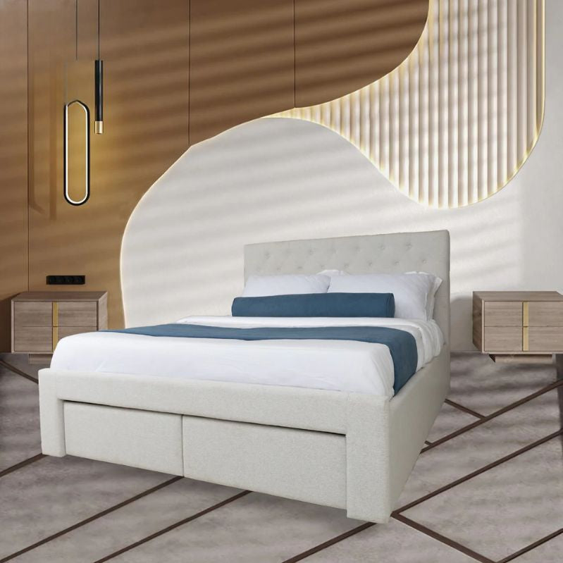 Modern bedroom with a beige upholstered bed, nightstands, and decorative wall panels.