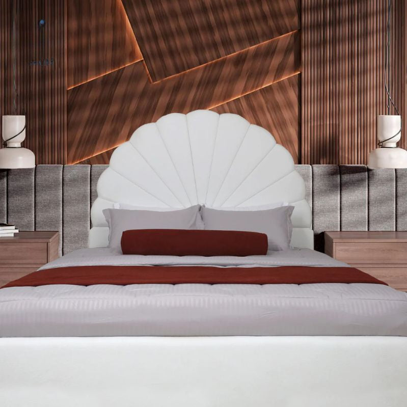 Modern bedroom with a large white headboard and wooden wall paneling. Modern Minimalist bedframe, aesthetic bedframe, bedroom furniture, wooden bedframe, wood furniture. 