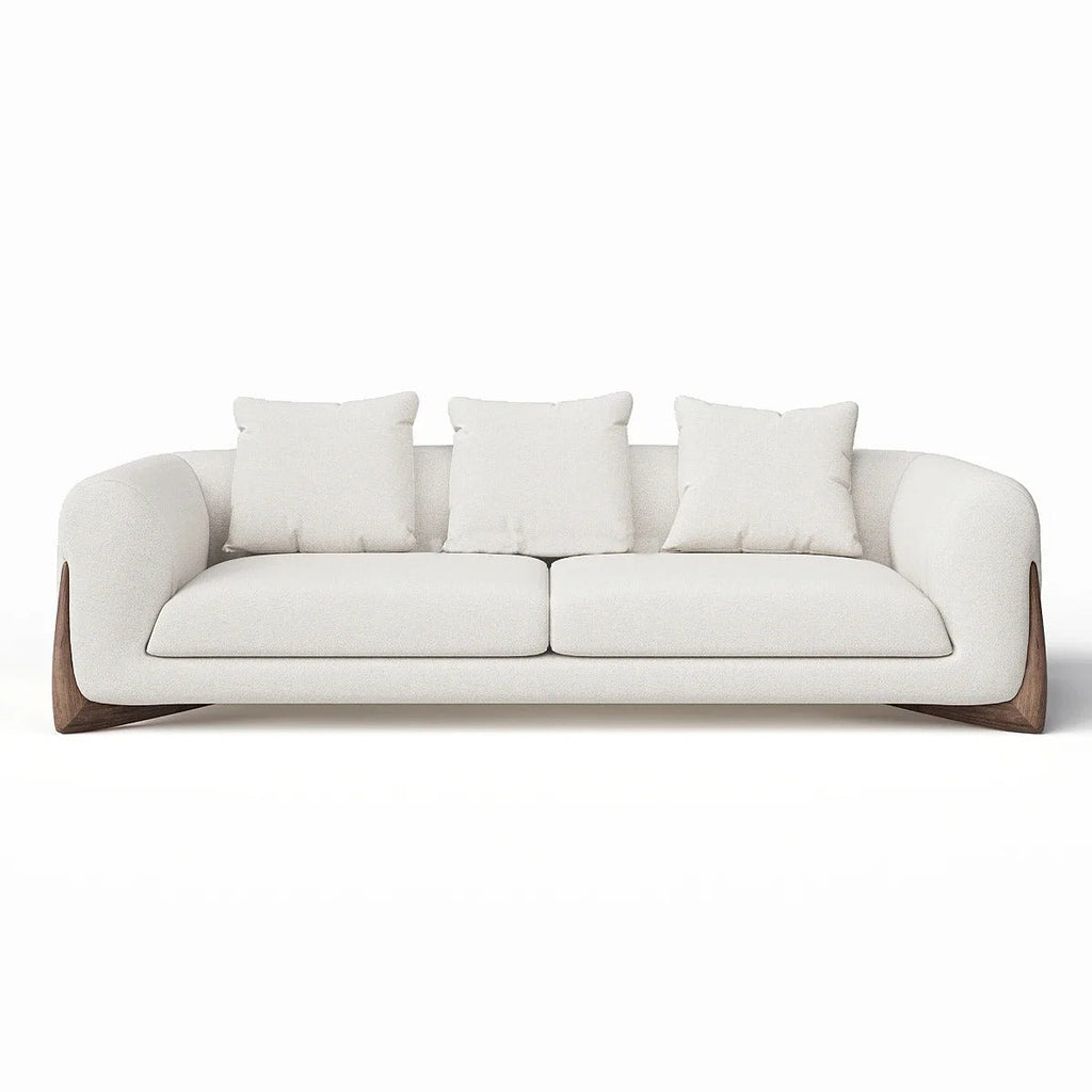 White sofa with three cushions on a white background. Luxury couch design, Solid wood furniture, Living room furniture, Modern aesthetic couch design, minimalist sofa design, indoor furniture, Wood furniture. 
