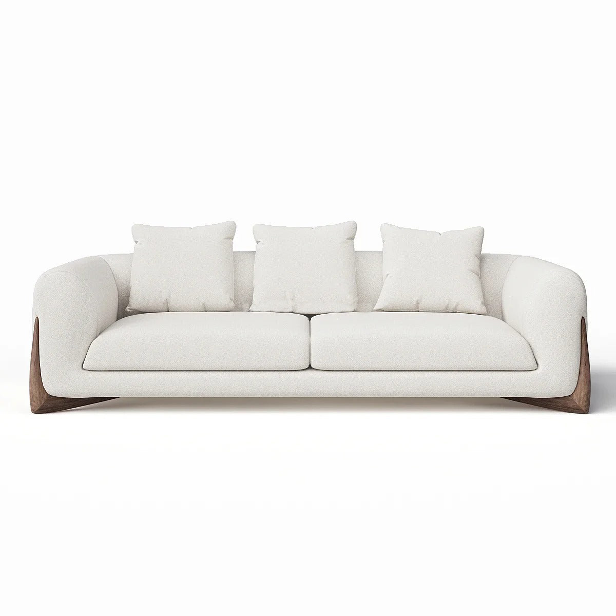 White sofa with three cushions on a white background. Luxury couch design, Solid wood furniture, Living room furniture, Modern aesthetic couch design, minimalist sofa design, indoor furniture, Wood furniture. 
