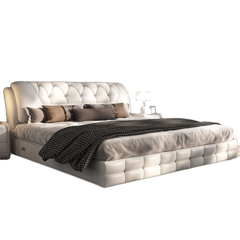 Luxury Modern Leather King Bed with Storage in Black & White. Modern bed design, Leather bed frame, bedroom furniture, aesthetic bedframe design, bed with storage design. 