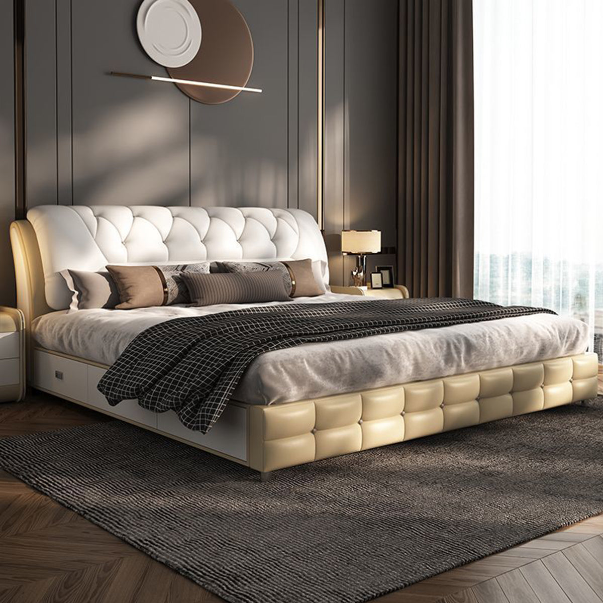Luxury Modern Leather King Bed with Storage in Black & White. Modern aesthetic bedframe, minimalist bedframe design, luxury bedframe, aesthetic bedroom, modern bedroom design. 