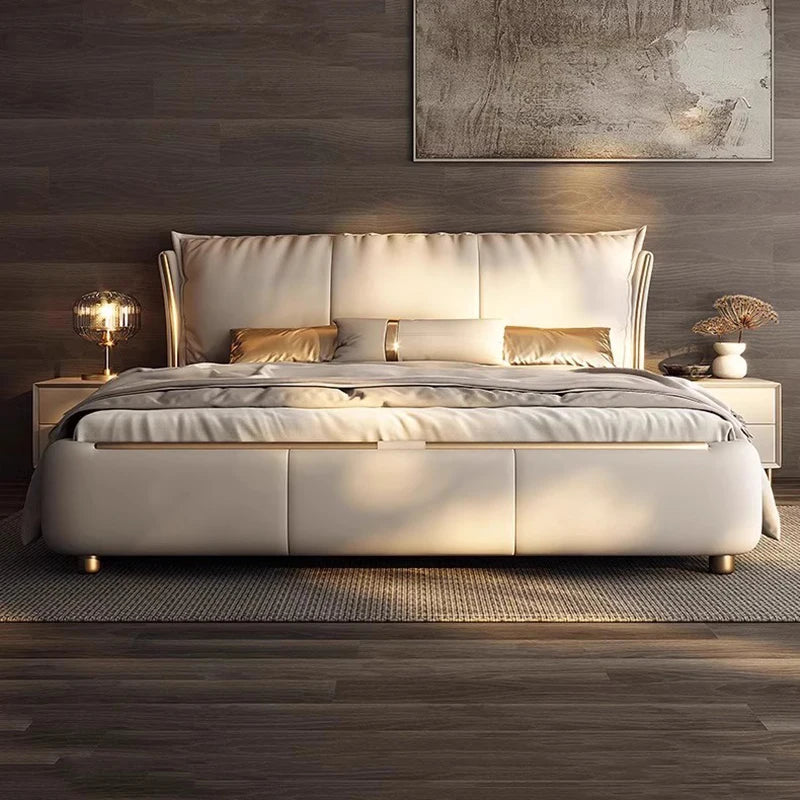 Modern bedroom with a large bed and decorative elements. Luxury Bedframe design, Multifunctional bedframe, Bed with organizer, Modern bedframe design, Minimalist bedframe design, Bedroom furniture, Wood furniture. 