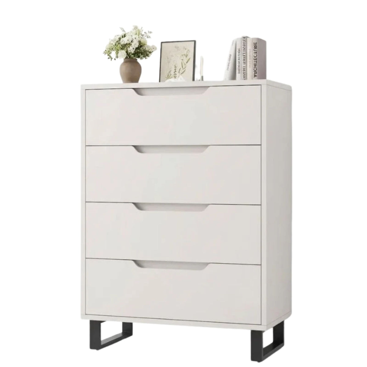 White dresser with four drawers, a vase of flowers, and books on top against a white background
