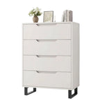 White dresser with four drawers, a vase of flowers, and books on top against a white background