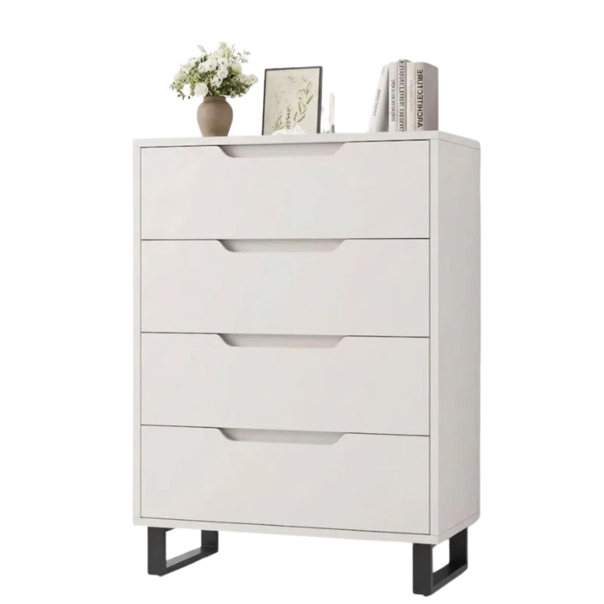 White dresser with four drawers, a vase of flowers, and books on top against a white background
