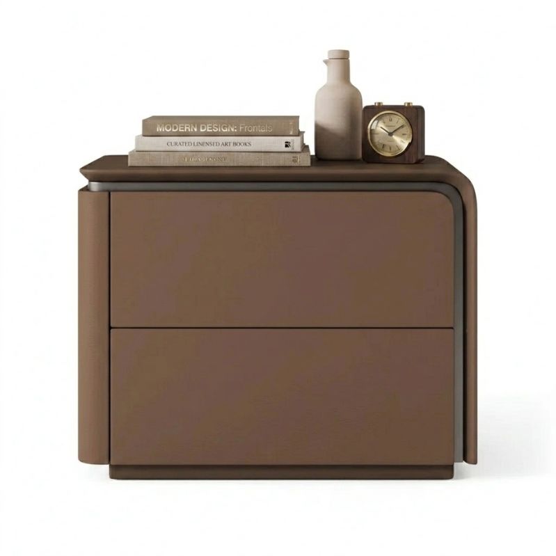 A high-angle shot of the Nordic Horizon Nightstand featuring two handle-less drawers on a full white background and floor for a clean minimalist aesthetic
