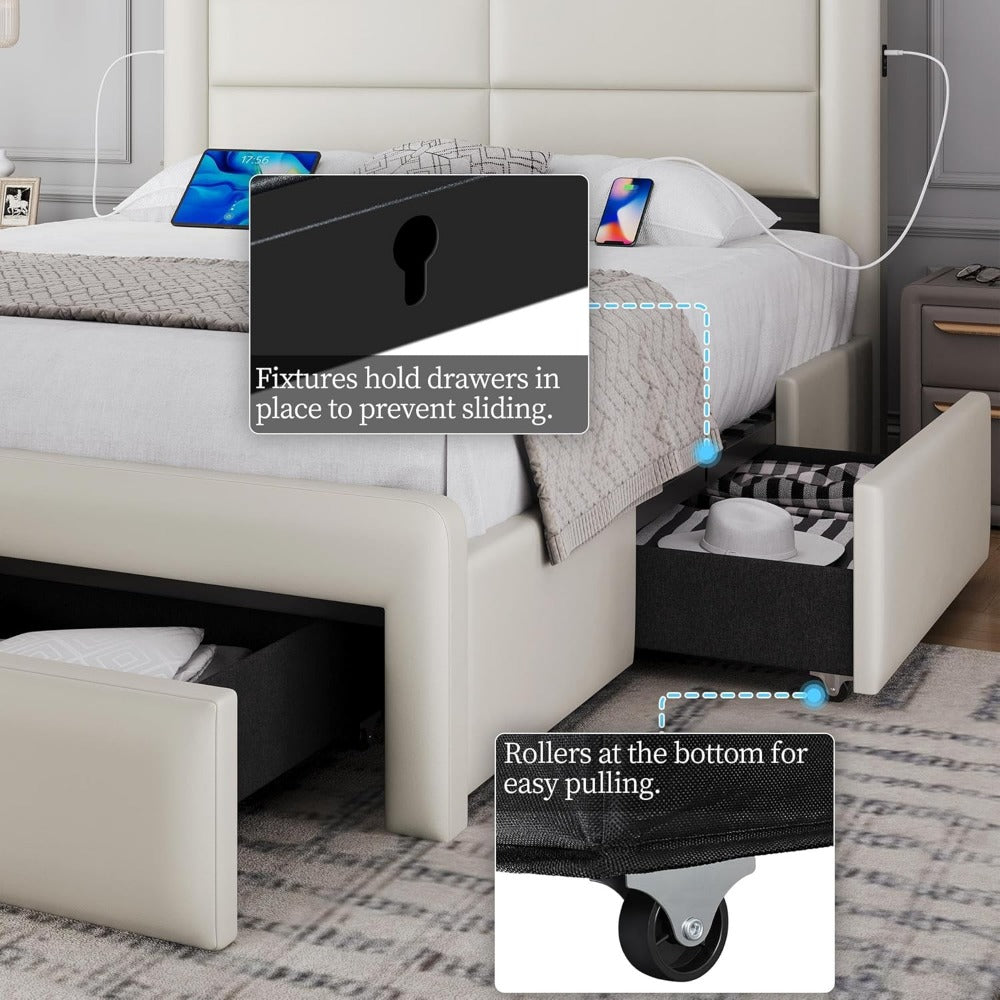 Modern Bed with Storage Drawers, USB Ports, High Upholstered Headboard