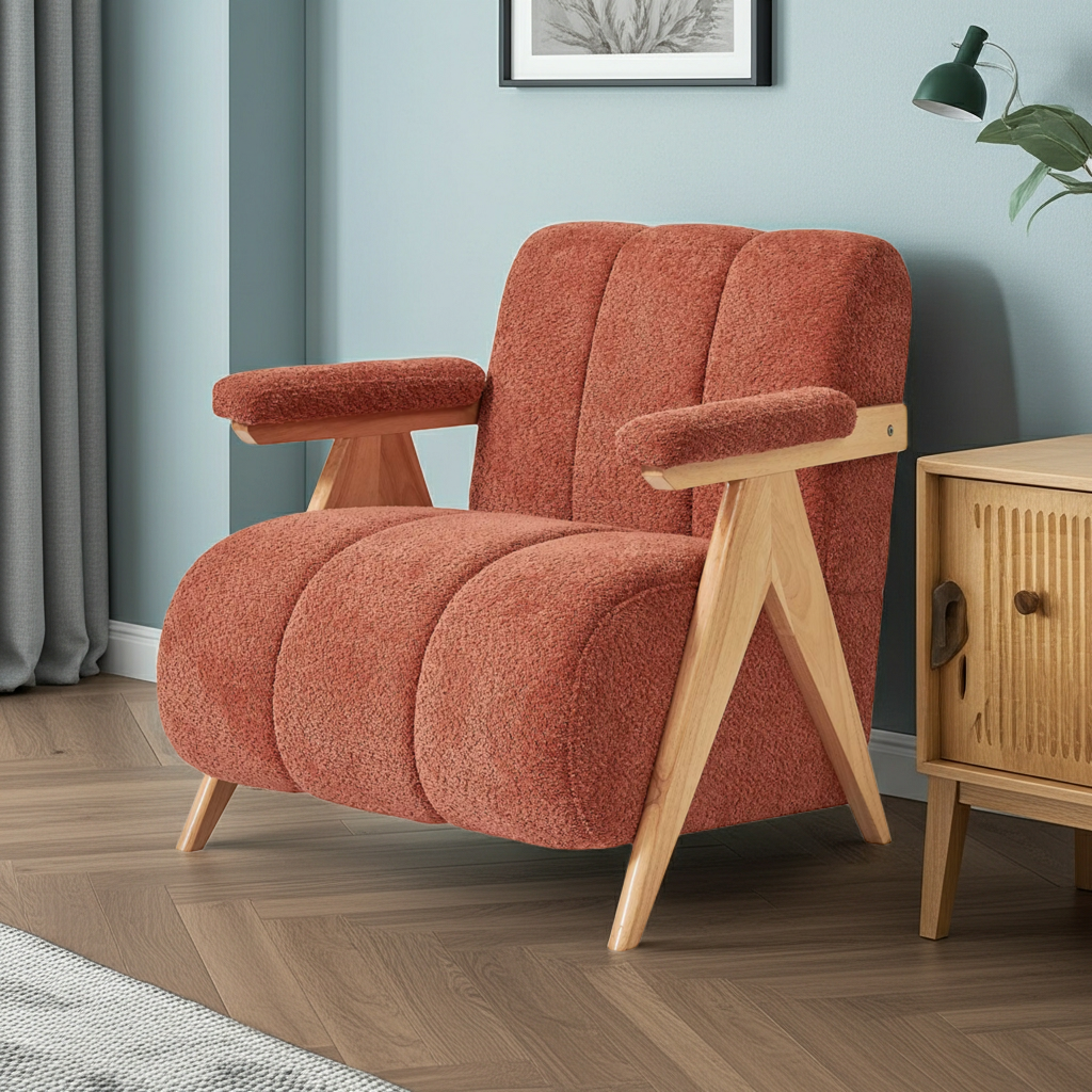 Modern Single Armchair in Orange Fabric – Stylish Leisure Chair with Wooden Arms & Legs - Order online - 