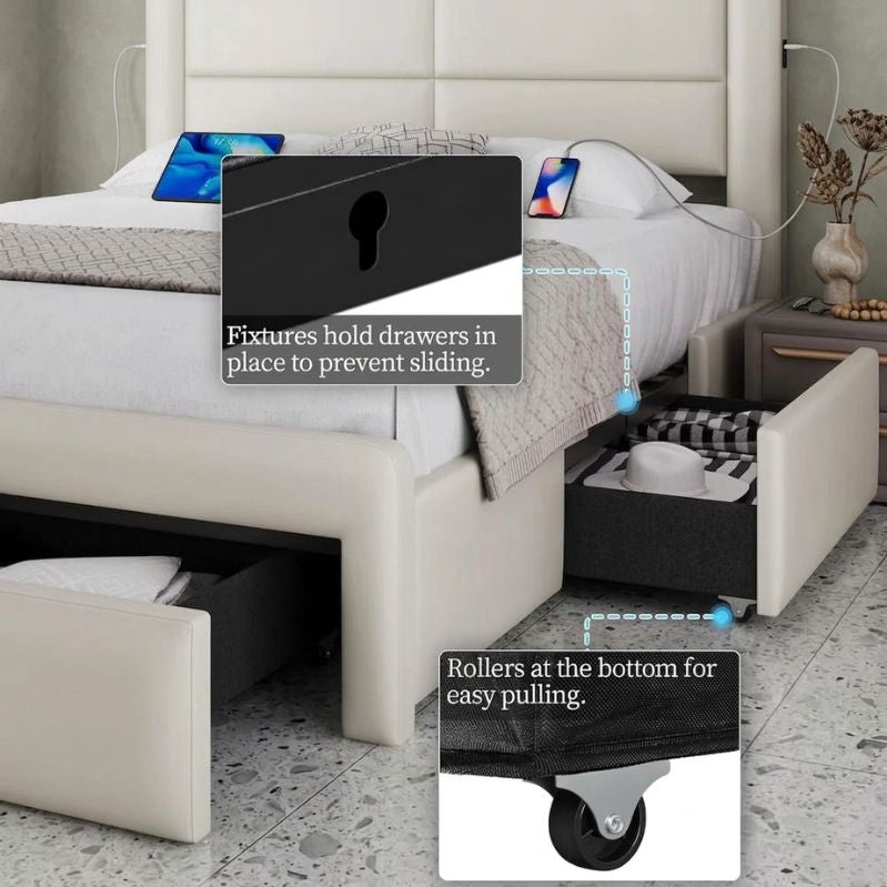 Modern Alora High Upholstered Bed Frame - With Storage and USB Ports