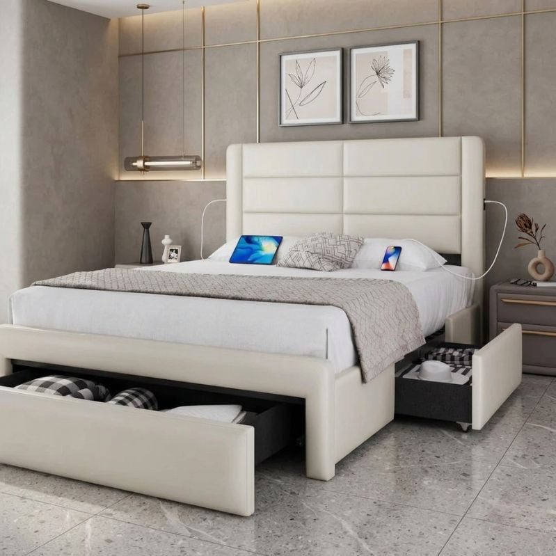 Modern Alora High Upholstered Bed Frame - With Storage and USB Ports