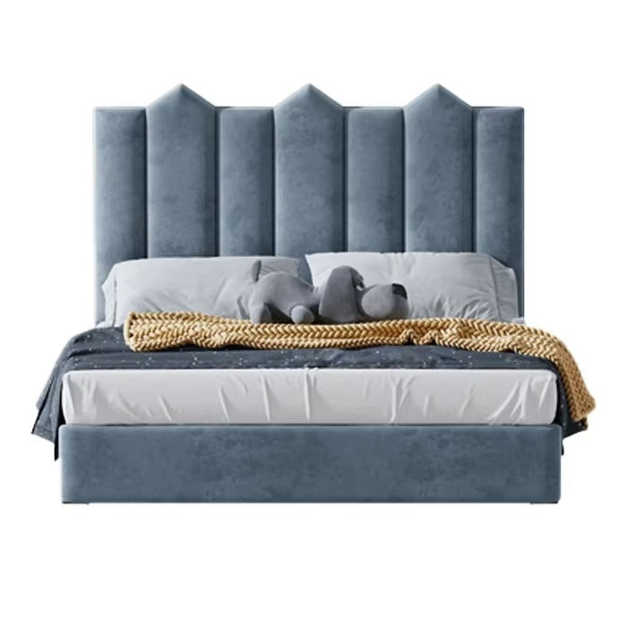 Modern Children beds for mother and children sleeping bed blue velvet bed with tufted headboard and gray bedding on a white background. Minimalist bedframe design, Modern furniture design, Perfect bed for mother and children, bedroom furniture, wood furniture. 