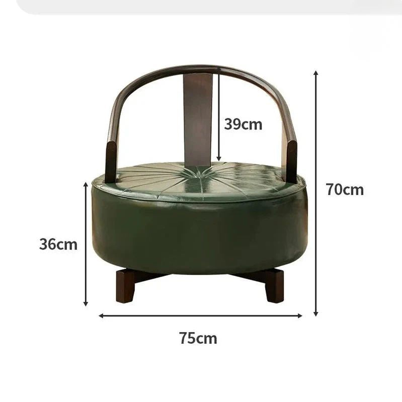 Green round container with handle and dimensions labeled on a white background. Solid wood design, modern chair design, minimalist chair design, chair dimension, living room furniture. 