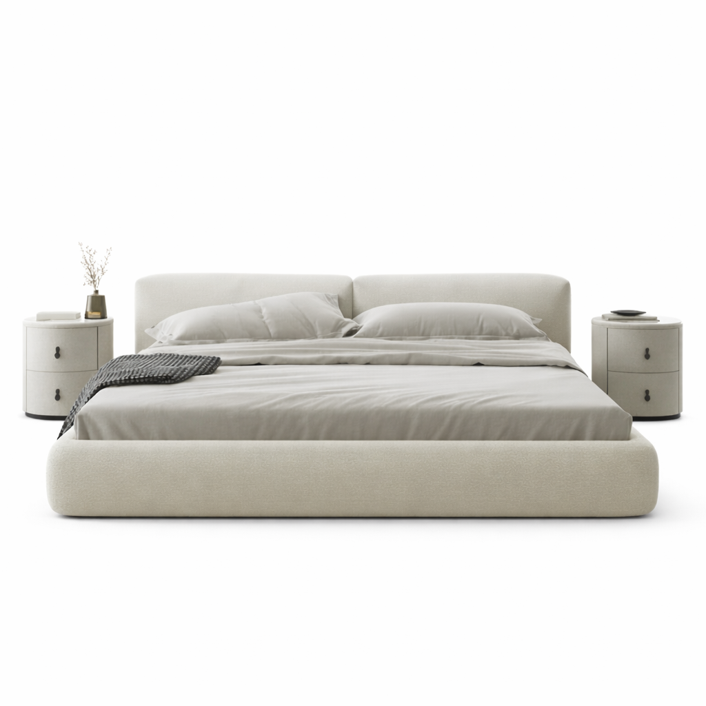Beige bed with matching nightstands on a white background. Modern bed frame design, upholstered bed, modern cozy bedframe design. 