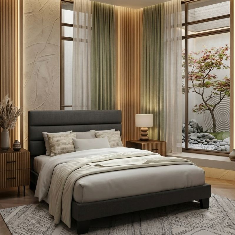 Modern Grid Slate Bed with Channel-Tufted Headboard