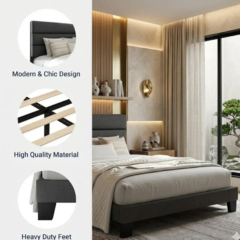 Modern Grid Slate Bed with Channel-Tufted Headboard