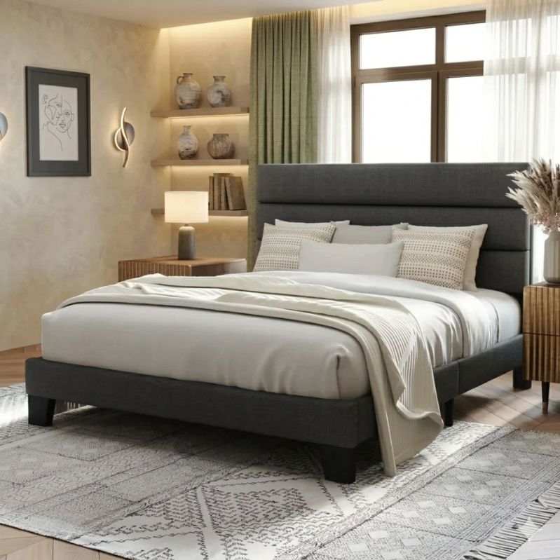 Modern Grid Slate Bed with Channel-Tufted Headboard