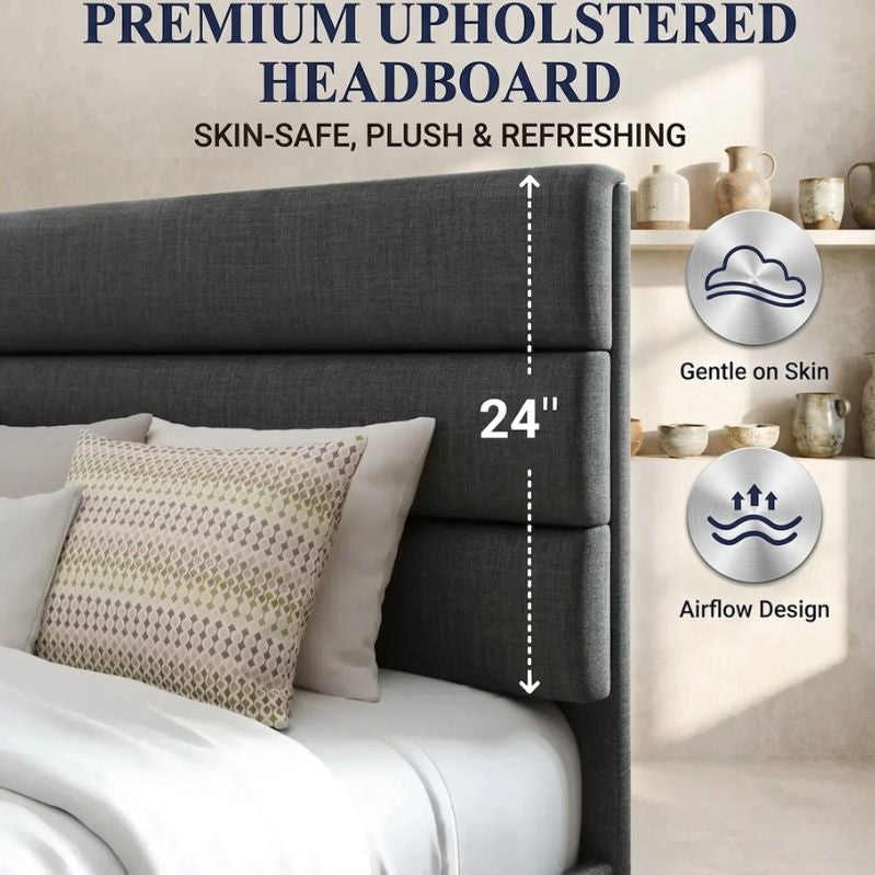 Modern Grid Slate Bed with Channel-Tufted Headboard