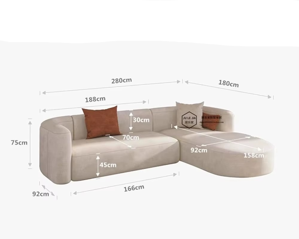 Beige sectional sofa with dimensions marked on a white background