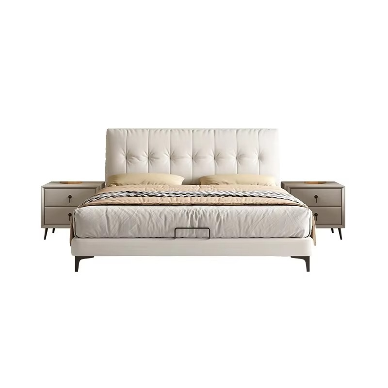 Beige upholstered bed with matching nightstands on a white background. Modern Leather bed design, Upholstered bed. 