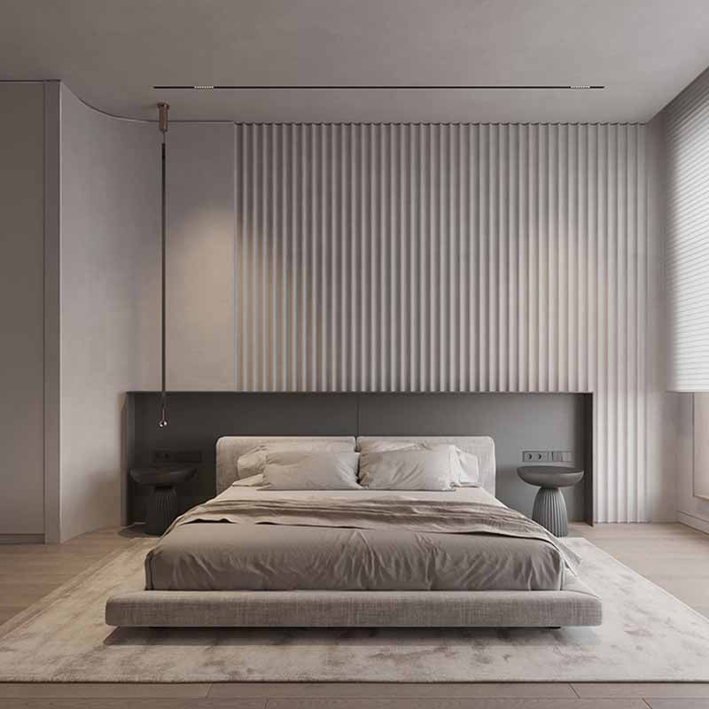 Modern bedroom with a bed, headboard, and minimal decor. Upholstered bedframe, Minimalist bedframe, aesthetic bedframe, low-profile bedframe, modern aesthetic bedframe, bedroom furniture, woof furniture, indoor furniture. 
