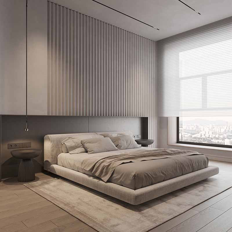 Modern bedroom with a large bed, striped wall, and large window.