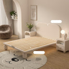 This Luxury Upholstered King Bed embodies contemporary sophistication with its gracefully curved headboard and premium fabric finish. The soft beige tones and vertical panel detailing create an elegant statement piece that brings both comfort and style to any modern bedroom. Crafted with precision, it offers a sturdy frame and plush upholstery for a truly relaxing sleep experience. Perfect for those who appreciate refined aesthetics and quality craftsmanship.