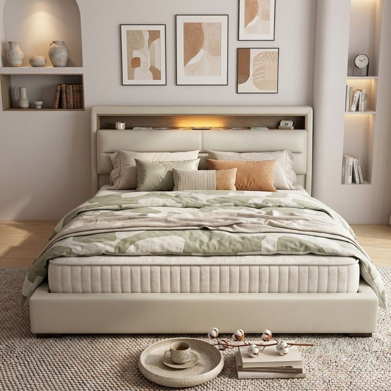 Neatly made bed with decorative pillows in a modern bedroom setting.