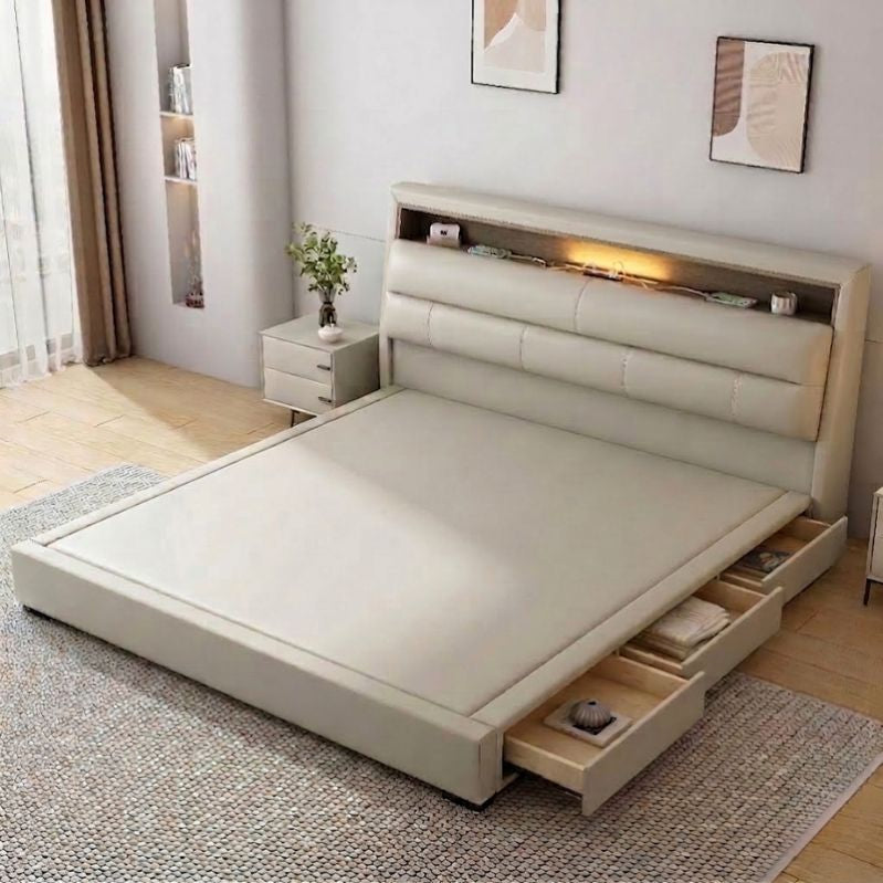 Modern bed with storage drawers in a bedroom setting