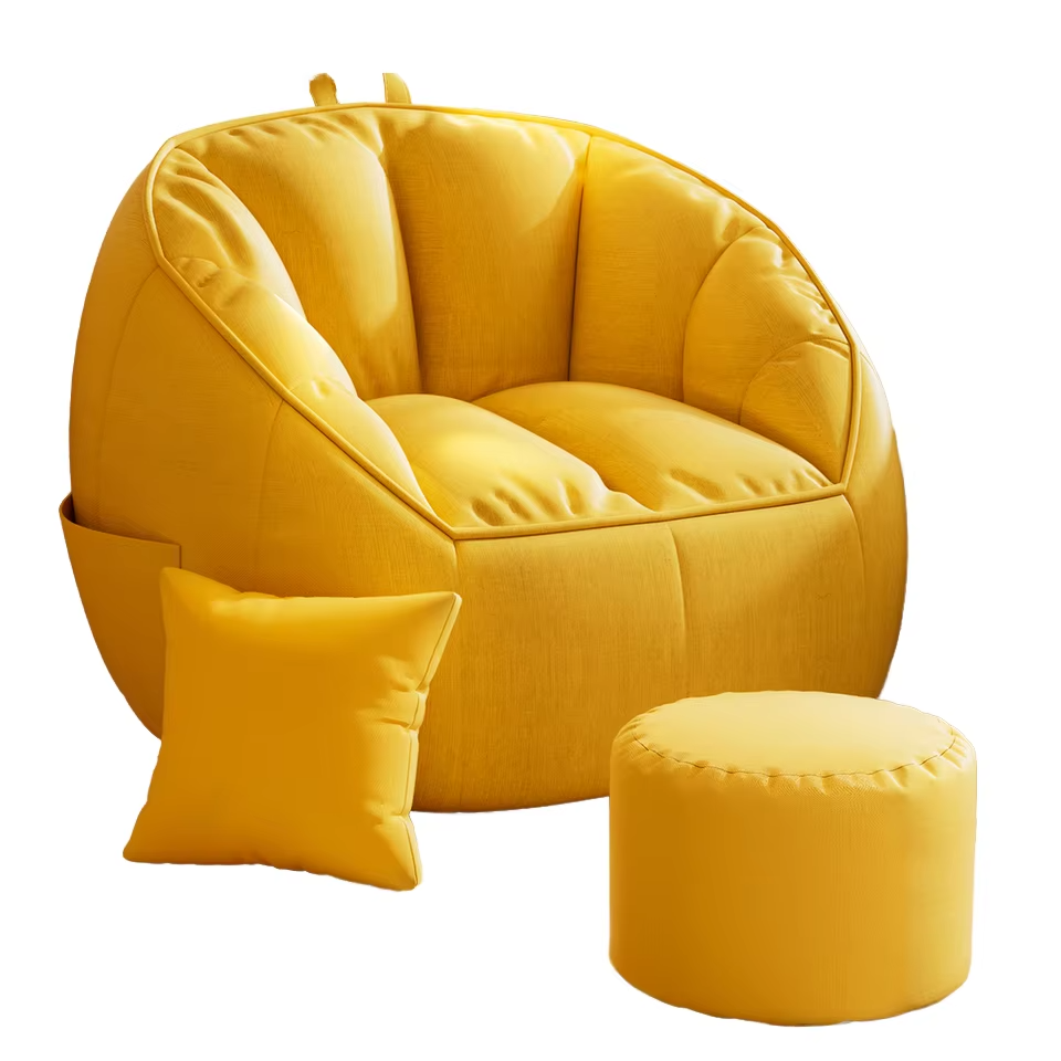 Modern Scandinavian Youth Lazy Sofa Bean Bag Chair Single Bedroom Balcony. 
Yellow bean bag chair with matching pillow and ottoman on a white background. Living room furniture, sectional chair, Living spaces, Beanbag chair.
