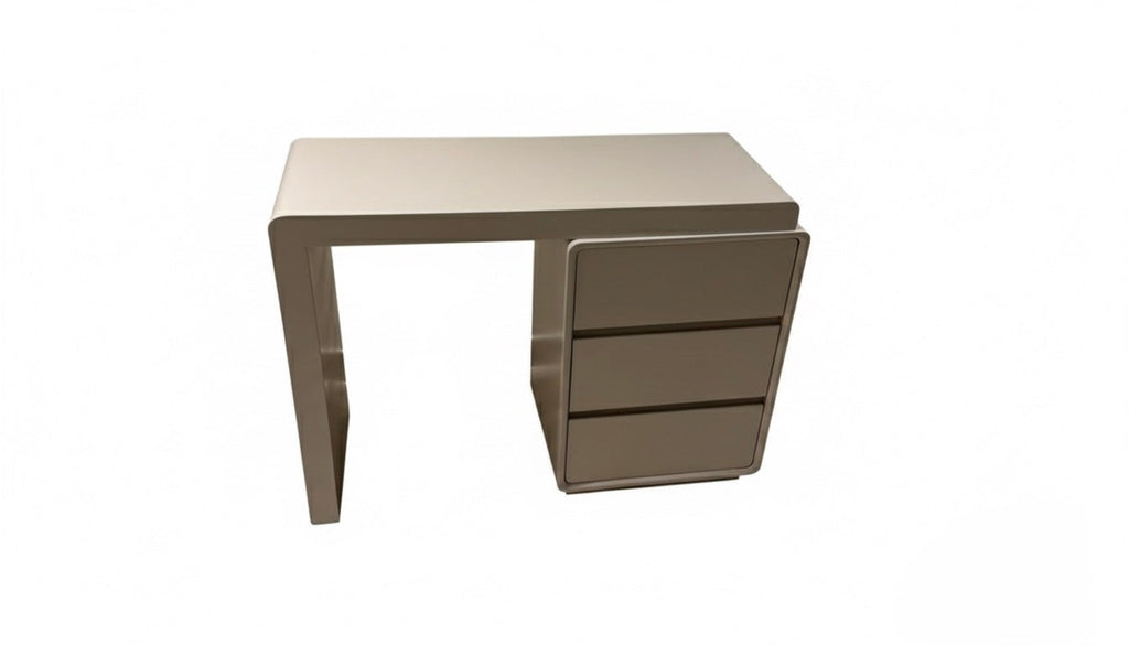 Modern Simple Makeup Dressing Table Beige desk with three drawers on a white background. Make up vanity, dressing table, modern simple design, bedroom furniture.