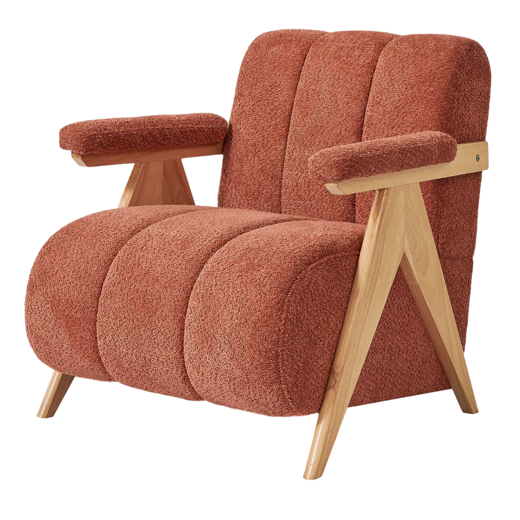 Red armchair with wooden legs on a white background. Living room furniture, outdoor furniture, patio furniture. 