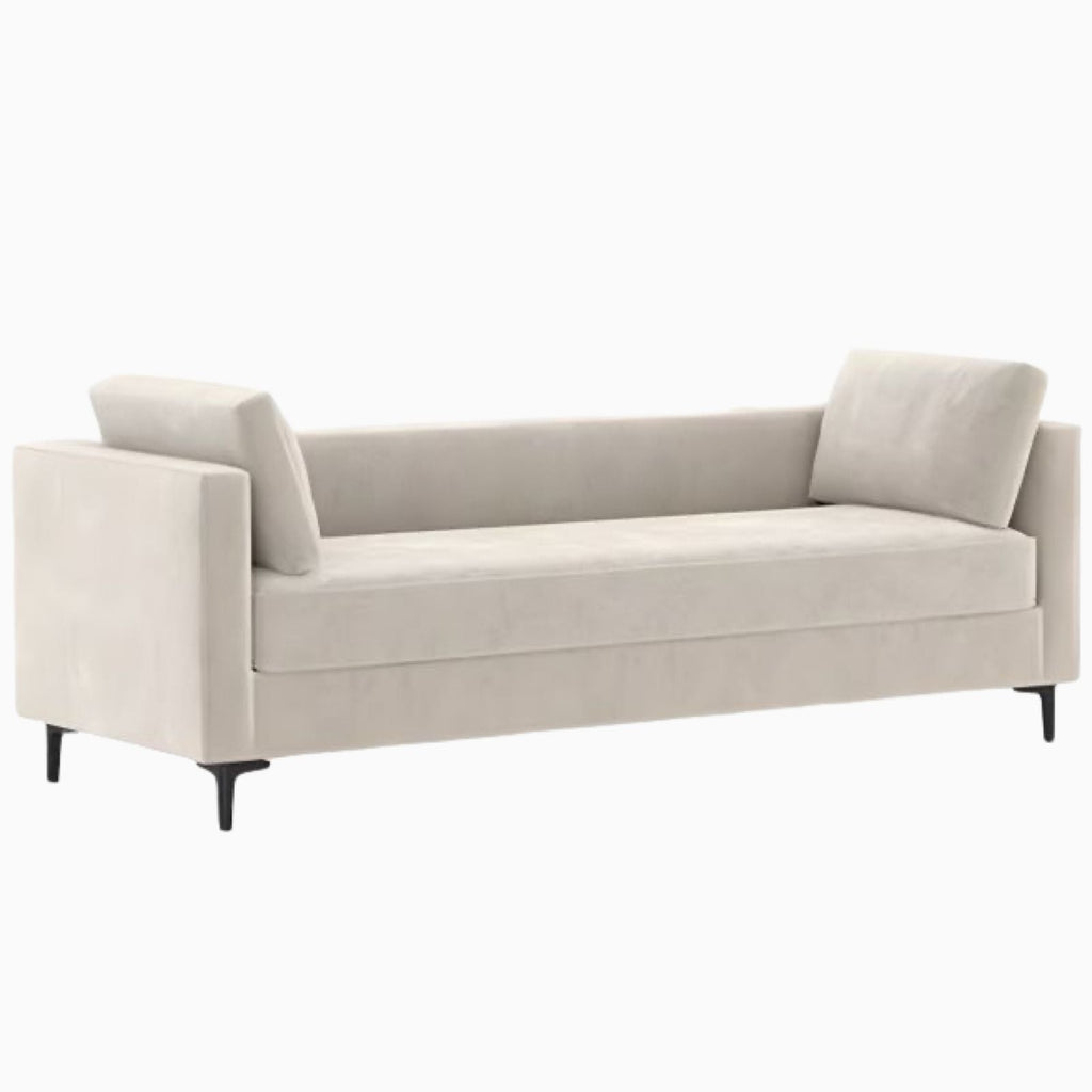 Beige sofa on a white background. Bench chair, sleek modern design, bedroom bench, minimalist bench design, aesthetic bedroom bench, bedroom furniture. 