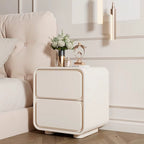 Modern Style Bedroom Nightstand Solid Color. Beige side table with decorative items next to a beige armchair in a room. Bedroom nightstand, Solid wood furniture, Modern style nightstand, Minimalist design. 