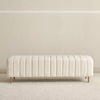 Beige upholstered bench with gold legs on a neutral background. Aesthetic bench chair, Modern Upholstered bench. 