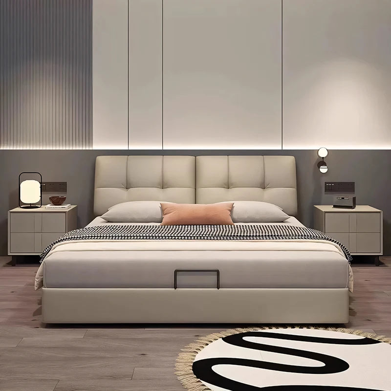 A luxury modern double bed frame made with quality beige upholstered wood, featuring a high headboard and storage space beneath the bed. The bed is displayed in a modern bedroom setting with nightstands on either side. Modern bedframe design, upholstered bed, minimalist bedframe design, aesthetic modern bedframe, luxury bedframe design. 