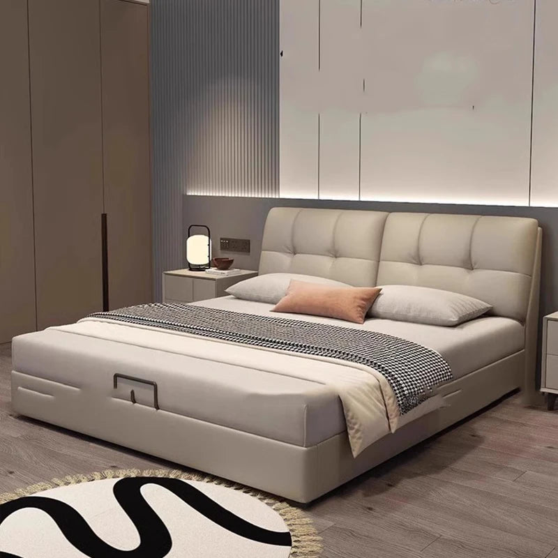 Modern bedroom with a beige upholstered bed and nightstands. Minimalist bedframe design, Upholstered bedframe, Aesthetic bedframe, Platform bed, bedroom furniture, Modern bedframe design, wood furniture. 