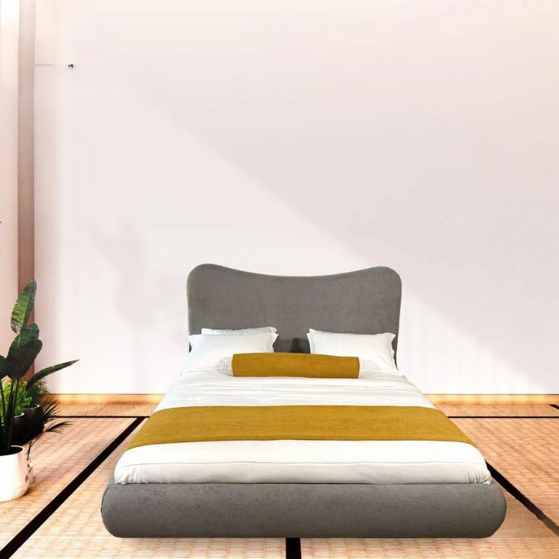 Modern Upholstered beds. Bed with gray headboard and yellow blanket in a minimalistic room. Aesthetic modern bedframe, Gray bedframe with headboard, minimalist bedframe design, furniture dubai, customized bedframe design. 
