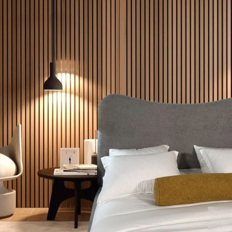 "Modern Upholstered beds. Modern bedroom with wooden slat wall, bed, and side table."