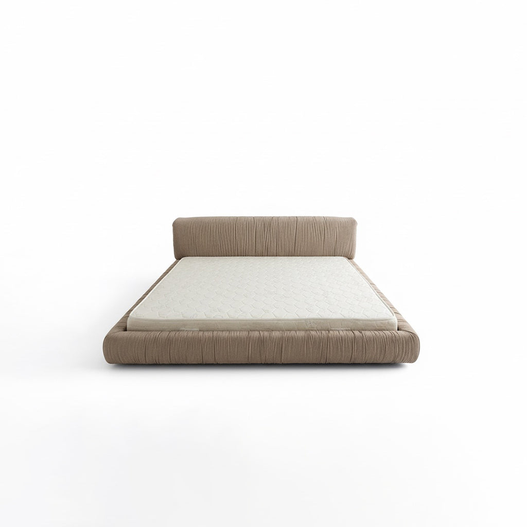 Modern bed with beige frame and white mattress on a white background. Sofa bed, Minimalist bedroom design, Bedroom Furniture.