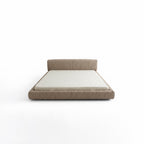 Modern bed with beige frame and white mattress on a white background. Sofa bed, Minimalist bedroom design, Bedroom Furniture.