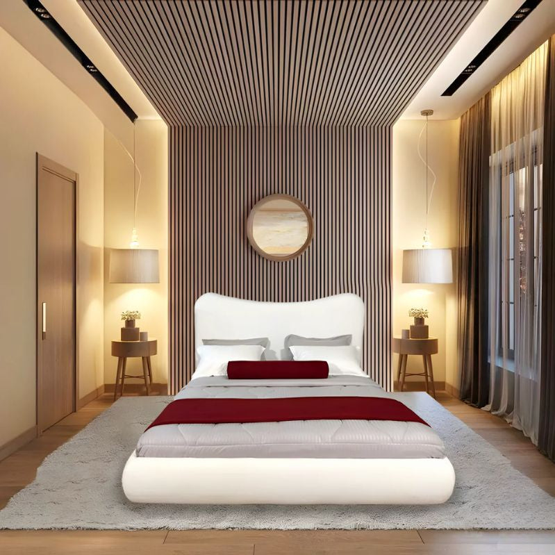 Modern upholstered bed.  Modern bedroom with striped walls, a bed with red and white bedding, and side tables with lamps. Minimalist bed design, bedroom furniture, aesthetic bedframe design, modern bedroom design, minimalist bedframe.