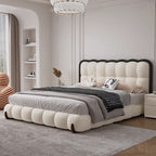 Modern bedroom with a large upholstered bed, gray bedding, and decorative pillows. Aesthetic bedframe design, Upholstered bedframe design, modern minimalist bed design, bedroom furniture. 