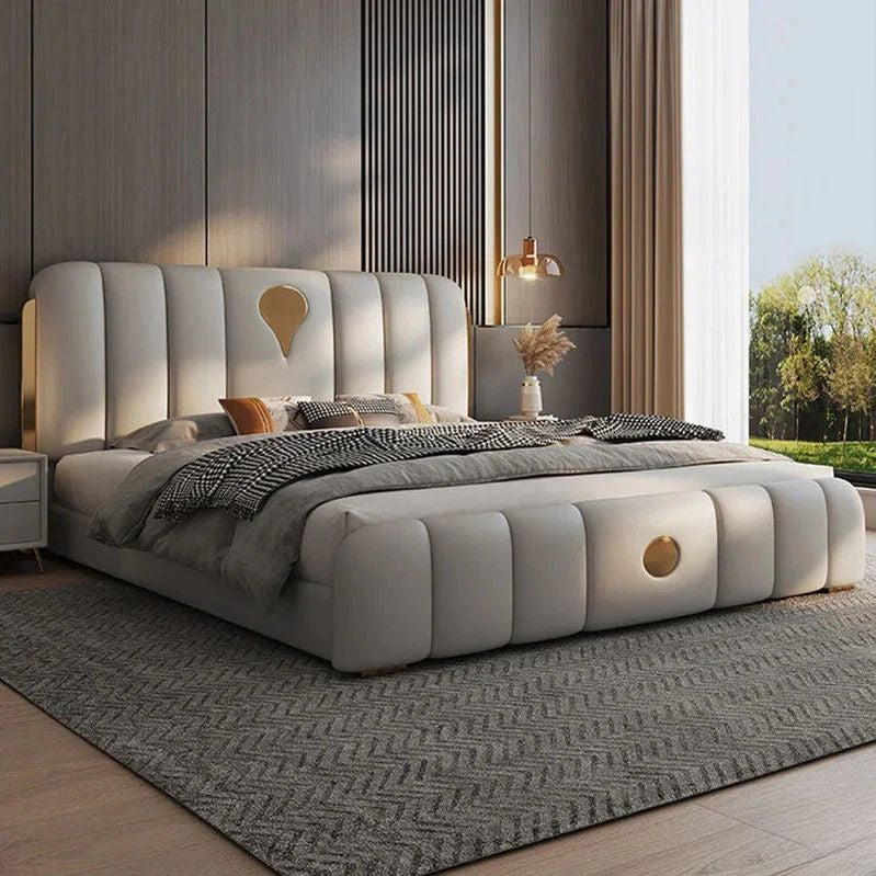 Modern bedroom with a large upholstered bed featuring decorative elements. Aesthetic bedframe design, minimalist bedframe design, bedroom furniture, modern bedframe design, wood furniture. 
