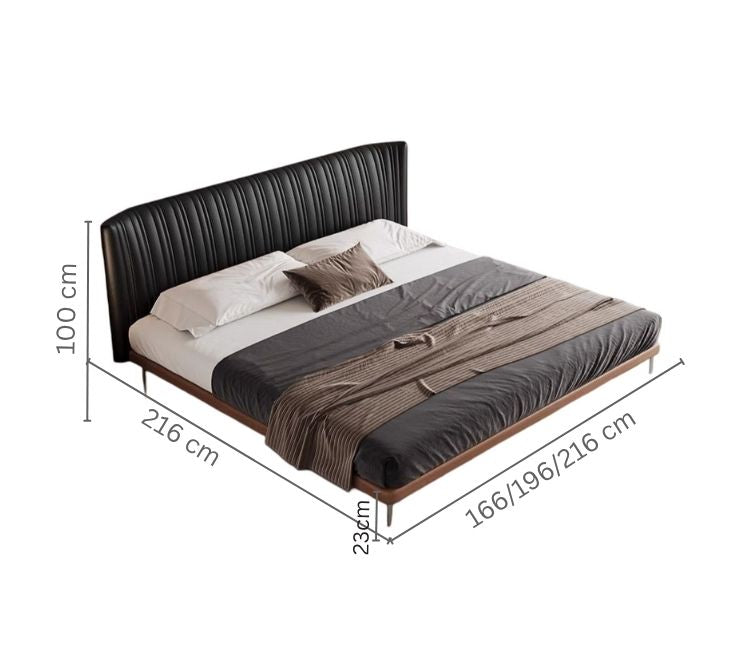 Nordic Style Upholstered Bed Frame with Headboard. 
Bed with dimensions labeled on a white background